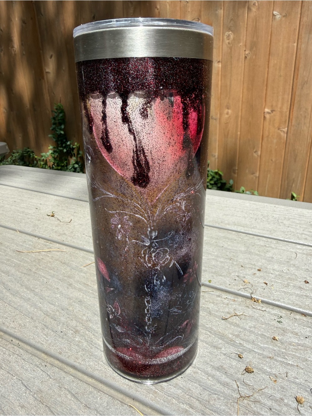 Handmade Bleeding Hearts Glitter Snow Ombre Tumbler in Deep Burgundy and Pink
